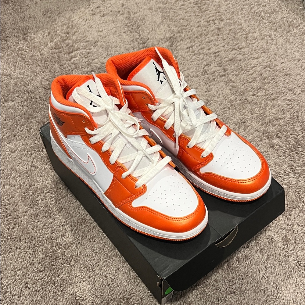 Air Jordan 1 Mid Grade School Bold Orange and White Sneakers